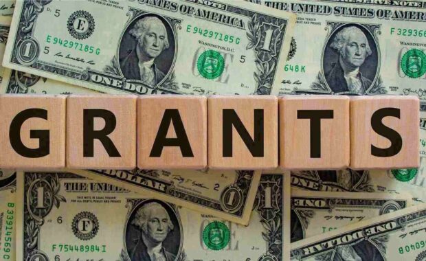 grants on wooden cubes on a beautiful background from dollar bills