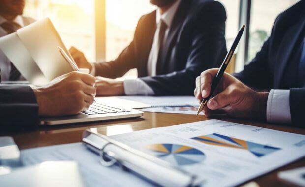 business accounting team meeting in room office using pen pointing at paperwork