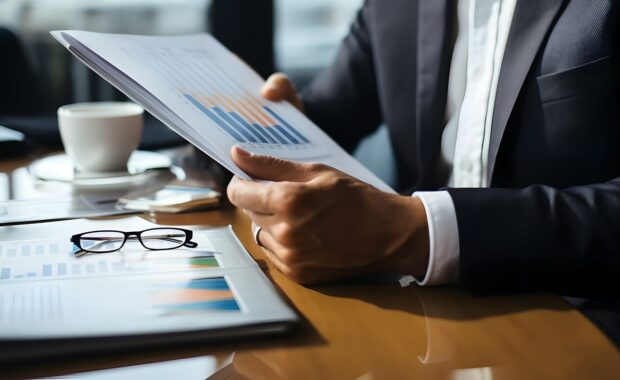 business person reading annual report or business journal