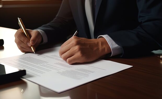 person inspects the documentation before signing a leasing contract