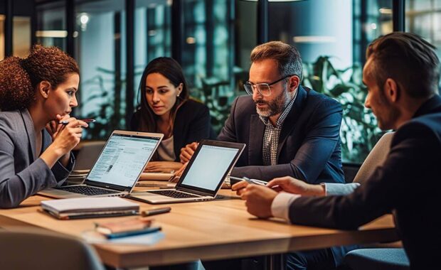 diverse team of professionals working together on a project in a modern office