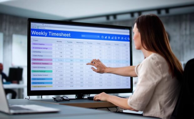 woman in office signs weekly payroll time sheet for overtime