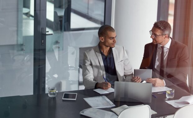 team, tablet and planning collaboration online for finance strategy or partnership