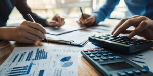 auditor and accountant team collaborating in an office analyzing financial data and accounting records with a calculator