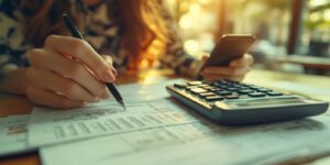 woman calculates finances outdoors, uses phone; sunlit bokeh background, for accounting