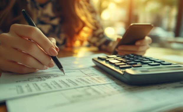 woman calculates finances outdoors, uses phone; sunlit bokeh background, for accounting